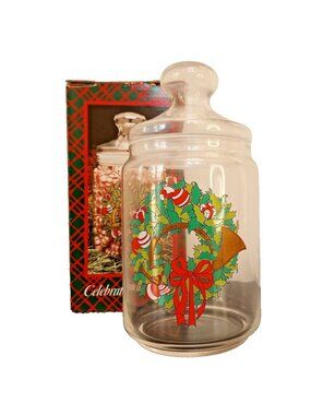 Celebrate the Season Candy Jar Durand Glass Lid Christmas 8.5" x 4.25" USA VTG